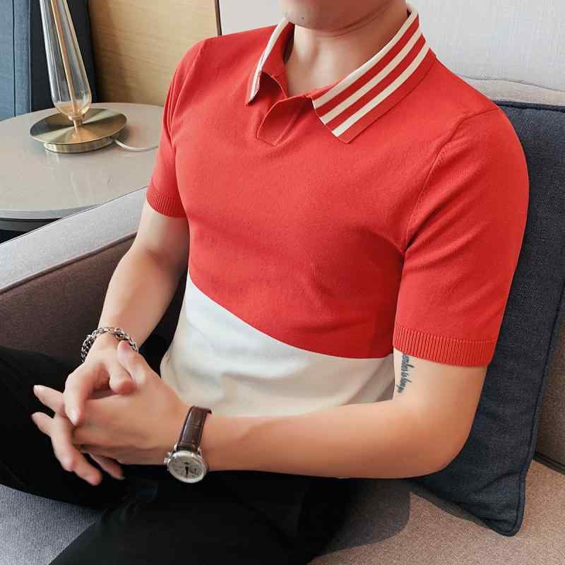 春 コーデ メンズ 服 シンプル ファッション オシャレ 大人 かっこいい 大きいサイズ ストリート 紳士服 ハイエンド カラー ブロック ニット 半袖 ポロシャツ 薄手 スリムフィット ビジネス カジュアル Vネック T シャツ