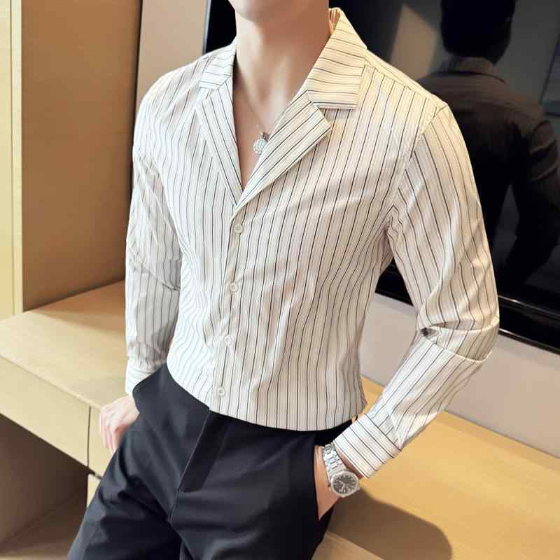 春 コーデ メンズ 服 シンプル ファッション オシャレ 大人 かっこいい 大きいサイズ ストリート 紳士服 キューバ カラー ストライプ シャツ 長袖 ビジネス カジュアル スリム