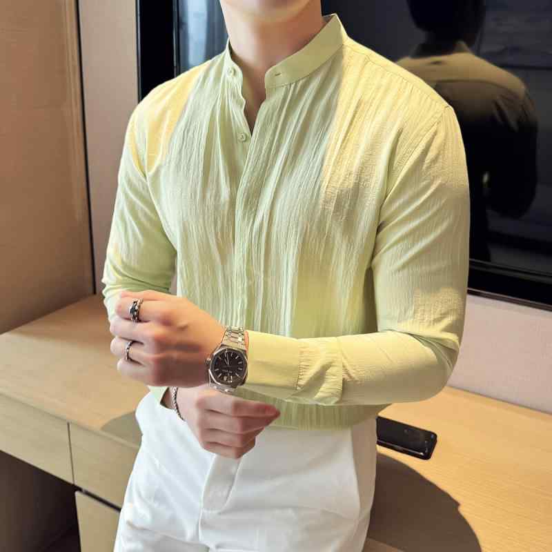 春 コーデ メンズ 服 シンプル ファッション オシャレ 大人 かっこいい 大きいサイズ ストリート 紳士服 リネン 薄手 スタンドカラー シャツ 長袖 ビジネス カジュアル 快適 通気性 プリーツ