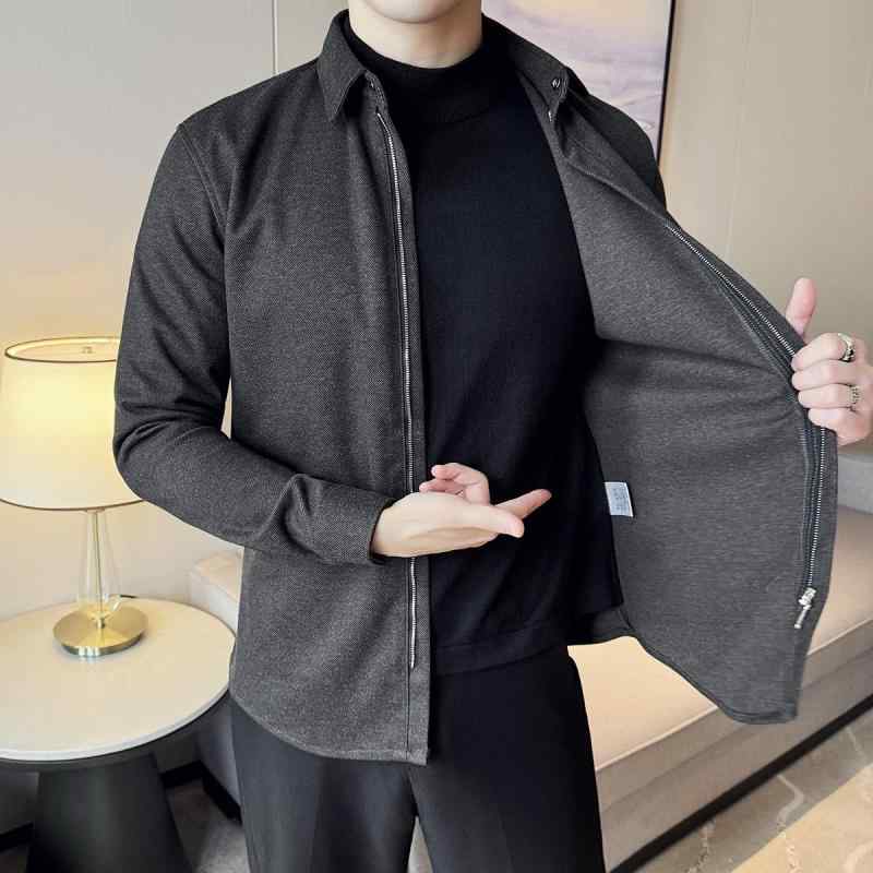 春 コーデ メンズ 服 シンプル ファッション オシャレ 大人 かっこいい 大きいサイズ ストリート 紳士服 フェイク ツーピース ウール シャツ 長袖 厚手 ジッパー ビジネス カジュアル ニット