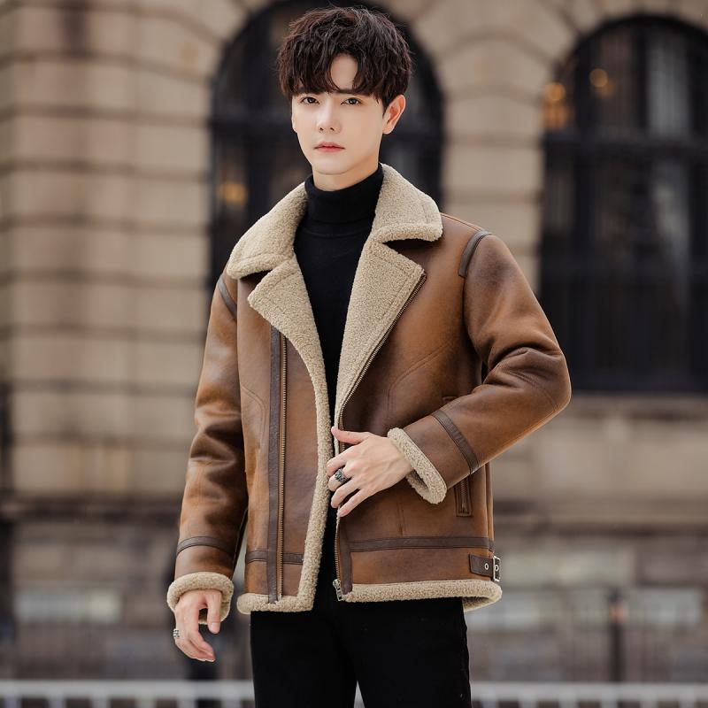 春 コーデ メンズ 服 シンプル ファッション オシャレ 大人 かっこいい 大きいサイズ ストリート 紳士服 ファー ジャケット 厚手 カジュアル ラムウール スーツ カラー エコ レザー ジャケット|リコット
