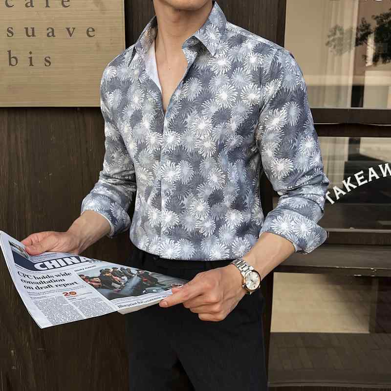 春 コーデ メンズ 服 シンプル ファッション オシャレ 大人 かっこいい 大きいサイズ ストリート 紳士服 プリント シャツ 長袖 ビジネス カジュアル スリム ライト