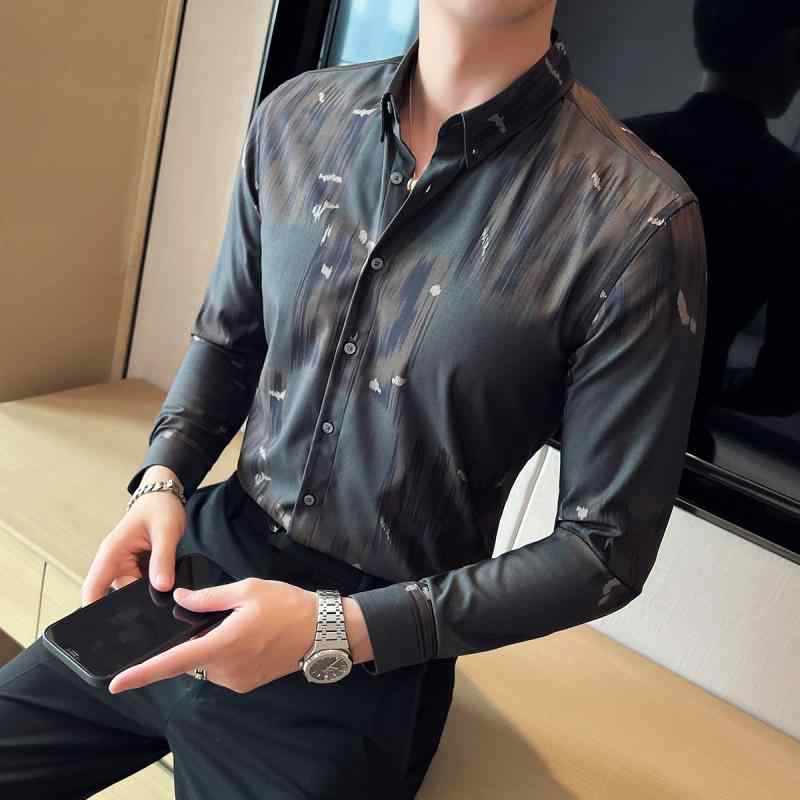 春 コーデ メンズ 服 シンプル ファッション オシャレ 大人 かっこいい 大きいサイズ ストリート 紳士服 ハイエンド レトロ プリント シャツ 長袖 ビジネス カジュアル スリム