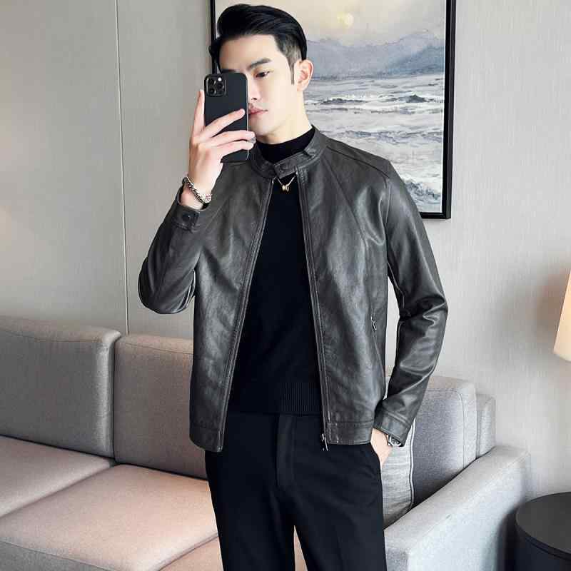 春 コーデ メンズ  服 分かりやすい 流行り物 オシャレ 成年者 かっこいい 馬鹿でかい大きさ 表どおり 成人男性服  照明ランプ色つや ライダース エコ なめし革 上衣 か細い 上衣 トップス