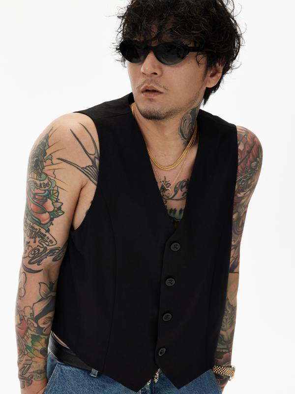 春 コーデ メンズ  服 分かりやすい 流行り物 オシャレ 成年者 かっこいい 気が大きい大きさ 表どおり 成人男性服  レトロ ヴィンテージ ノースリーブ Vのど首 黒いこと 背広 より良い レディース