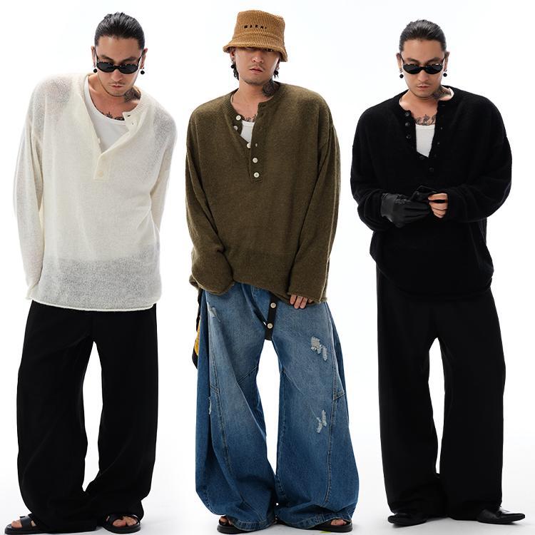 春 コーデ メンズ 服 シンプル ファッション オシャレ 大人 かっこいい 大きいサイズ ストリート 紳士服 通勤ウェア シルエット ヘンリー カラー モヘア ニット レイヤリング セーター |リコット