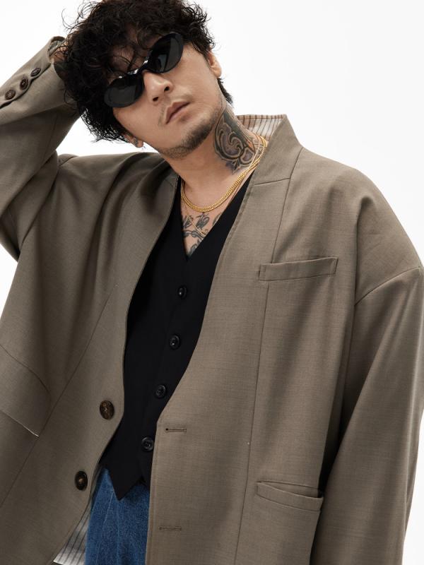 春 コーデ メンズ 服 シンプル ファッション オシャレ 大人 かっこいい 大きいサイズ ストリート 紳士服 ノー カラー カーキ エコ レザー ヴィンテージ スーツ トップス 男女兼