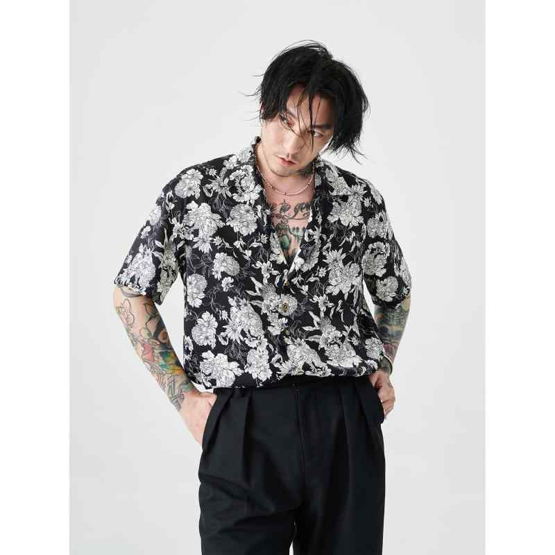 春 コーデ メンズ 服 シンプル ファッション オシャレ 大人 かっこいい 大きいサイズ ストリート 紳士服 ユニセックス レトロ ハワイアン 半袖 シャツ 黒 白 椿