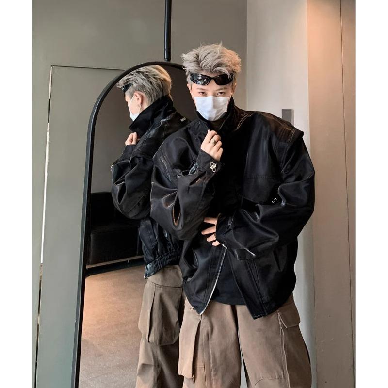 春 コーデ メンズ  服 分かりやすい 流行り物 オシャレ 成年者 かっこいい 馬鹿でかい大きさ 表どおり 成人男性服  影ぼうし 肩パッド入り口・入口 PU エコ なめし革 上衣 ハイエンド ライダース ボン赤ちょうちん 上衣
