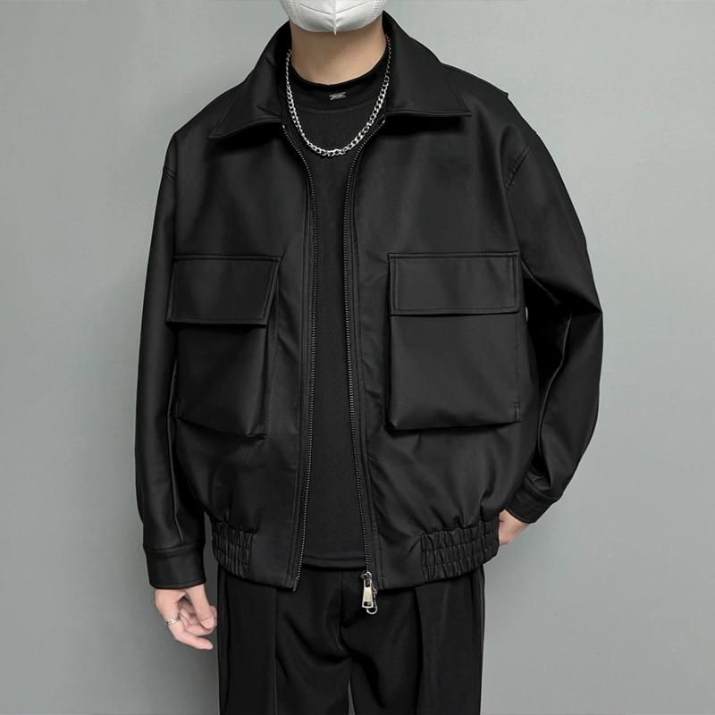春 コーデ メンズ 服 シンプル ファッション オシャレ 大人 かっこいい 大きいサイズ ストリート 紳士服 黒 ソフト エコ レザー ジャケット ハイエンド ビッグ ポケット ワーク ジャケット |リコット