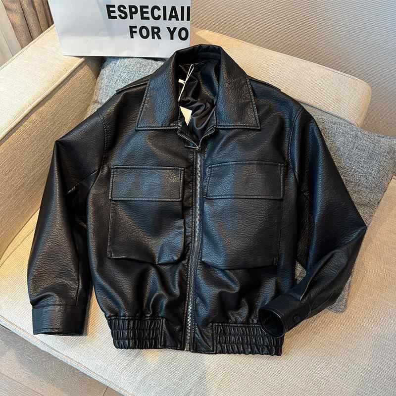 春 コーデ メンズ  服 分かりやすい 流行り物 オシャレ 成年者 かっこいい 惜しみ無い大いさ 表どおり 成人男性服 黒  ビッグ 衣嚢 ライダース 上衣 ハイエンド 服 影ぼうし PU エコ なめし革 上衣 コート・ジャケット-メンズファッション