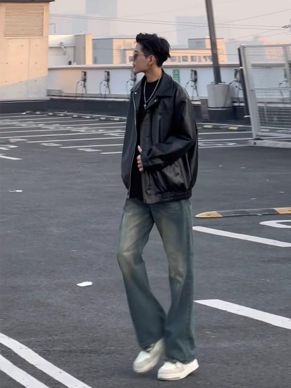 春 コーデ メンズ 服 シンプル ファッション オシャレ 大人 かっこいい 大きいサイズ ストリート 紳士服 エコ レザー ジャケット ハイエンド ライダース スーツ アメリカン レトロ