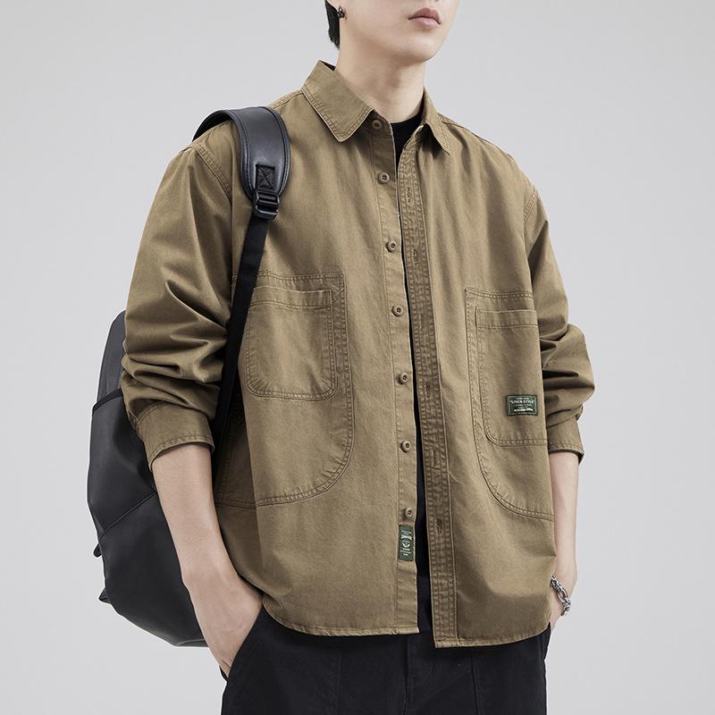 春 コーデ メンズ 服 シンプル ファッション オシャレ 大人 かっこいい 大きいサイズ ストリート 紳士服 コットン ジャケット ワークシャツ アメリカン レトロ シャツ カジュアル 長袖 トップス コート
