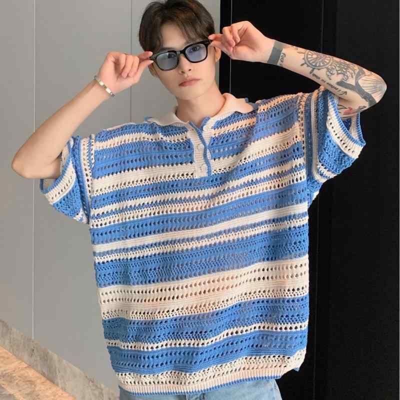 春 コーデ メンズ 服 シンプル ファッション オシャレ 大人 かっこいい 大きいサイズ ストリート 紳士服 アメリカン レトロ ストライプ コントラスト ニット ポロシャツ 春 カジュアル 半袖 T シャツ｜リコット