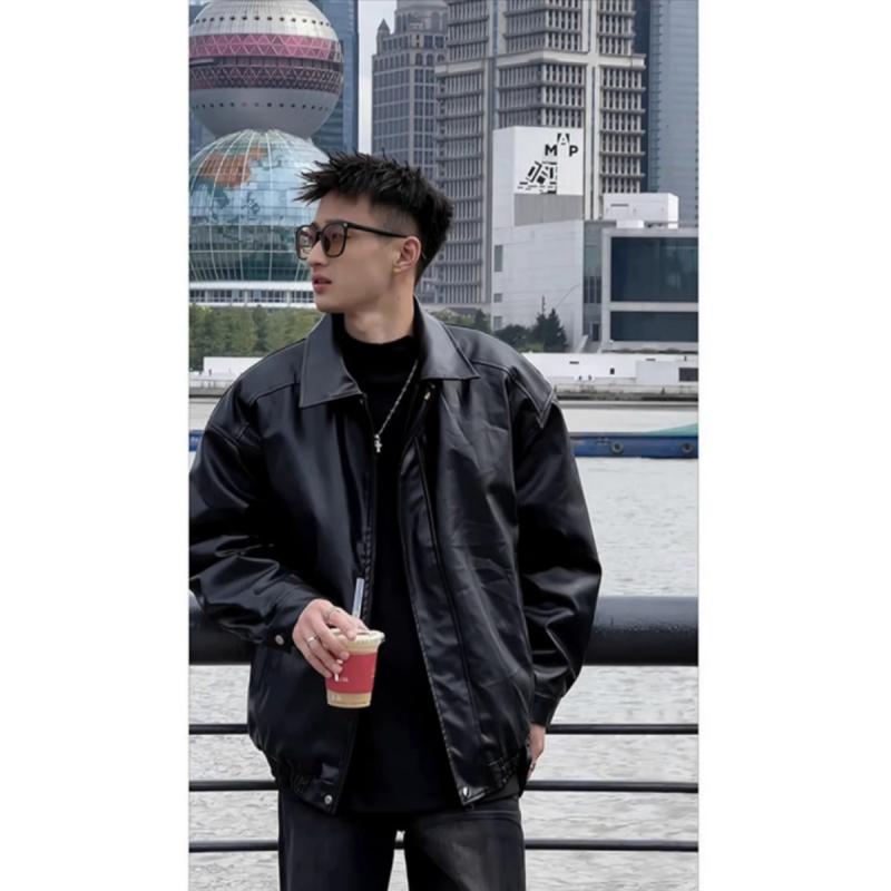 春 コーデ メンズ 服 シンプル ファッション オシャレ 大人 かっこいい 大きいサイズ ストリート 紳士服 アメリカン エコ レザー ライダース 服 カラー ブラッシュ エコ レザー ジャケット ハイエンド デトロイト ジャケット