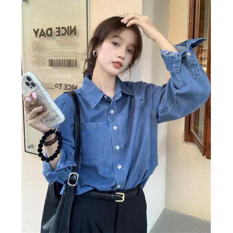 春 コーデ レディース ファッション オシャレ アイテム カワイイ 用 シンプル 大人カワイイ レディース トップス ブルー デニム シャツ フレンチ 長袖 シャツ ジャケット
