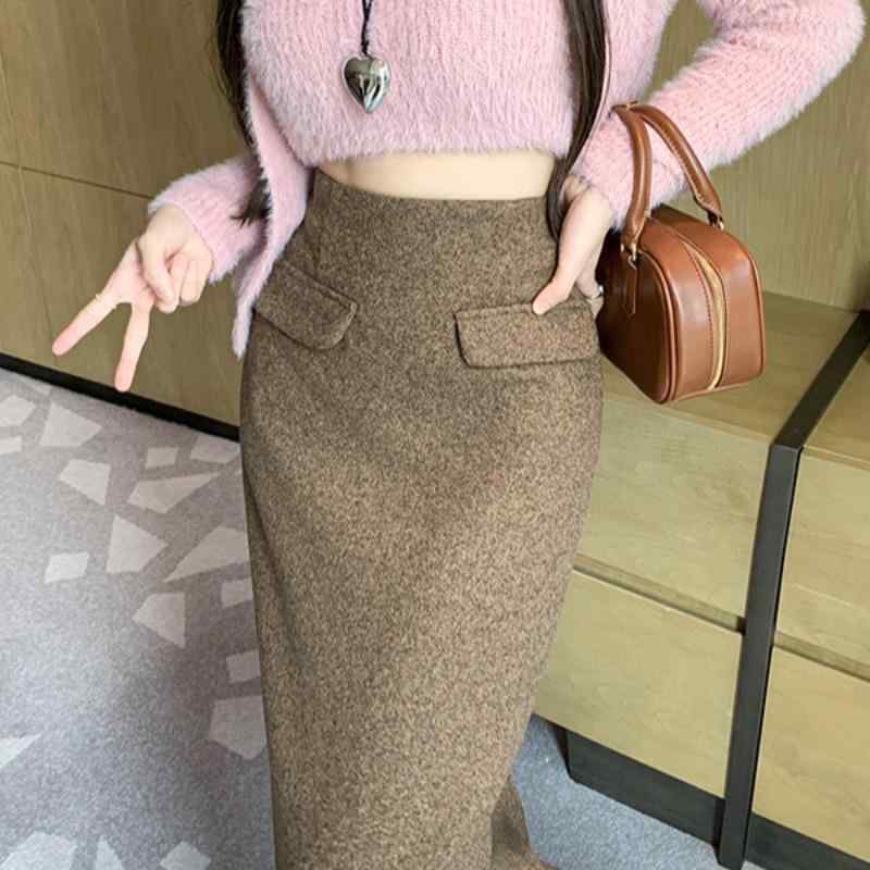 春 コーデ レディース ファッション オシャレ アイテム カワイイ 用 シンプル 大人カワイイ カーキ ウール スカート レディース ハイウエスト スリム ストレート スリット Aライン ヒップ カバー ワンステップ |リコット