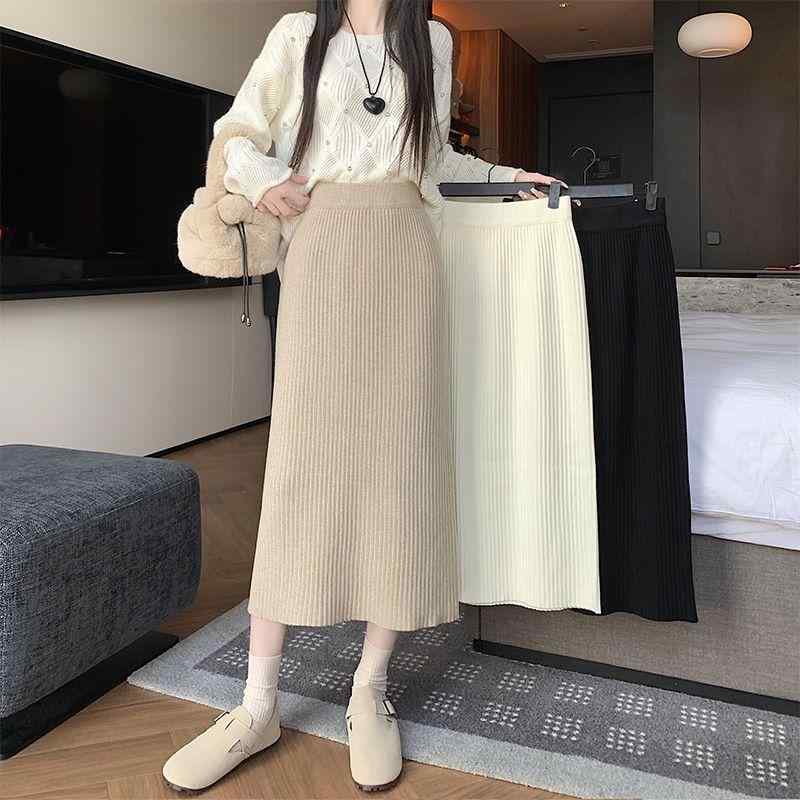 春 コーデ レディース ファッション オシャレ アイテム カワイイ 用 シンプル 大人カワイイ ニット スカート ハイウエスト スリム ドレープ Aライン ロング