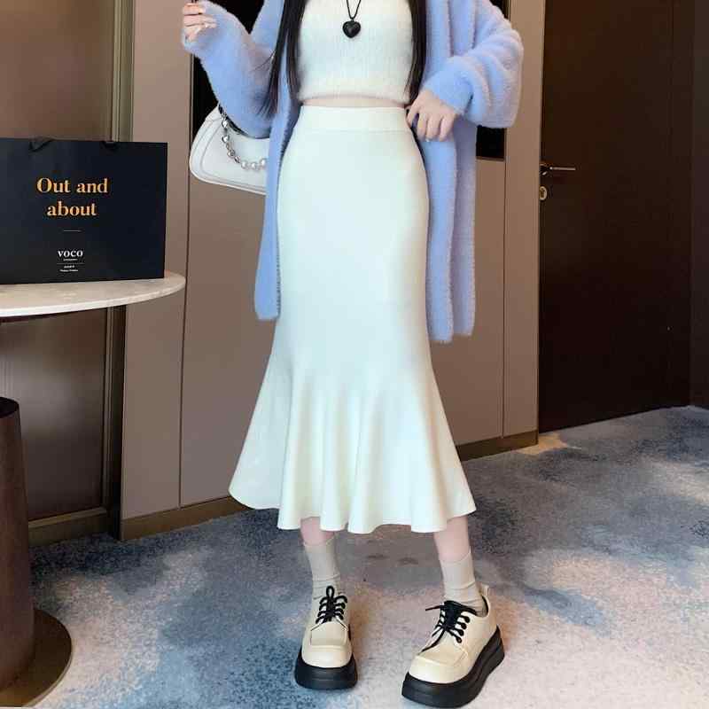春 コーデ レディース ファッション オシャレ アイテム カワイイ 用 シンプル 大人カワイイ フレンチ ニット スカート ハイウエスト ドレープ ミドル丈 Aライン ヒップ フィッシュ テール