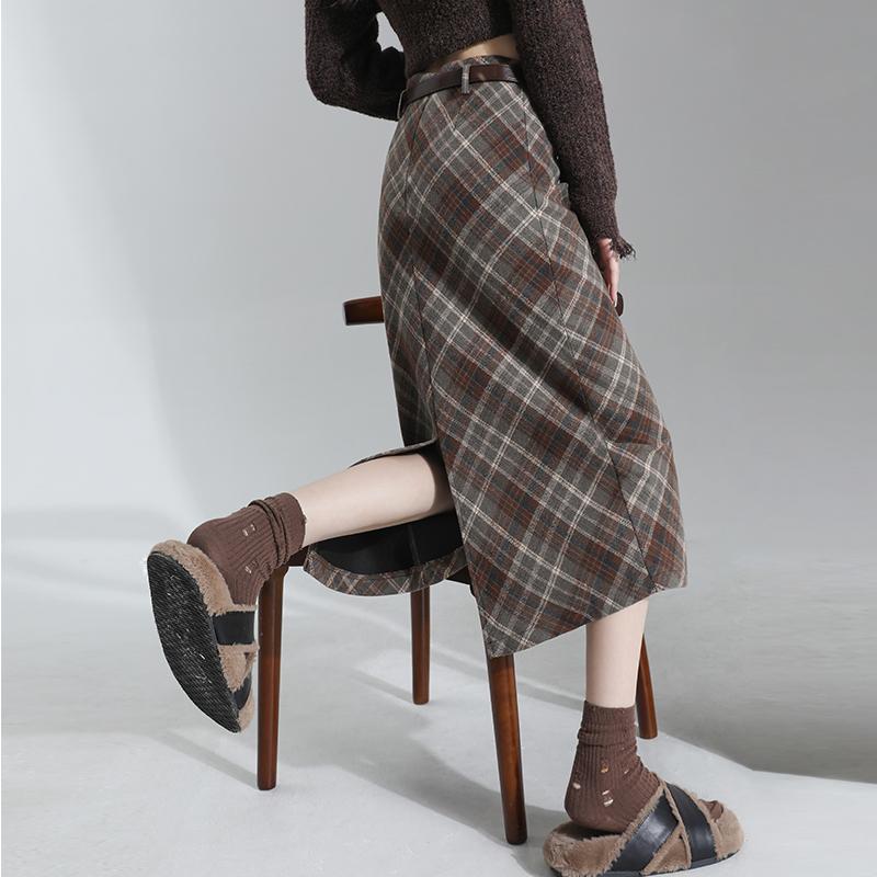 春 コーデ レディース ファッション オシャレ アイテム カワイイ 用 シンプル 大人カワイイ レトロ ウール チェック柄 スカート ミドル丈 スリット Aライン スカート ストレート