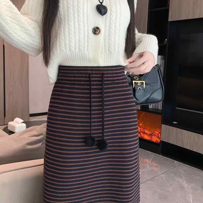 春 コーデ レディース ファッション オシャレ アイテム カワイイ 用 シンプル 大人カワイイ ストライプ ニット スカート ハイウエストドローストリング ウール ミドル丈 スリット カジュアル Aライン スカート |リコット