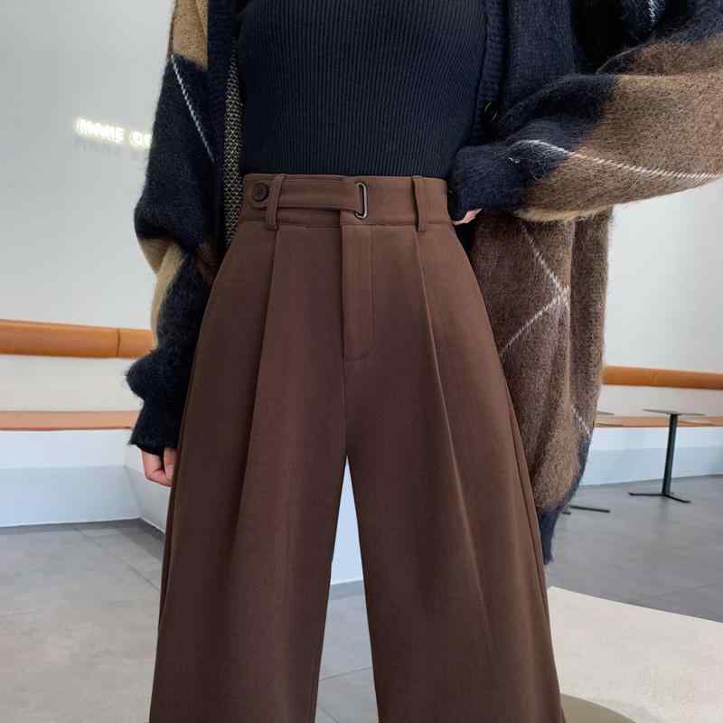 春 コーデ レディース ファッション オシャレ アイテム カワイイ 用 シンプル 大人カワイイ ウール ワイド レッグ パンツ ブラウン スーツ ハイエンド ドレープ ストレート カジュアル |リコット