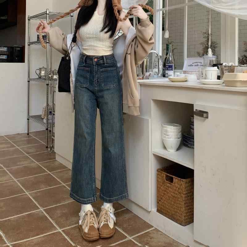 春 コーデ レディース ファッション オシャレ アイテム カワイイ 用 シンプル 大人カワイイ レトロ ブルー パンツ ストレート ワイド レッグ 九分丈 ジーンズ |リコット