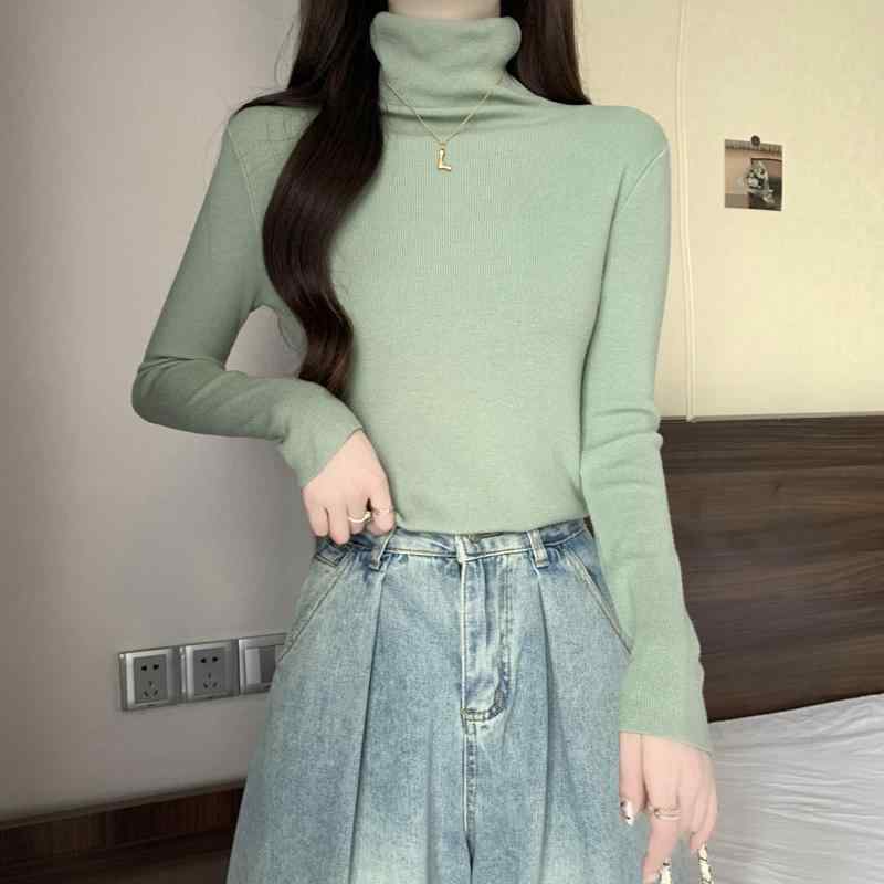 春 コーデ レディース ファッション オシャレ アイテム カワイイ 用 シンプル 大人カワイイ パイル カラー ニット レイヤリング シャツ ウエスタン スリム 長袖 トップス コア スパン タートルネックセーター