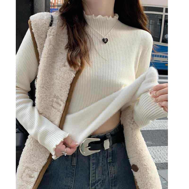 春 コーデ レディース ファッション オシャレ アイテム カワイイ 用 シンプル 大人カワイイ ニット シャツ ハーフ タートルネック セーター スリム フィット インナー 長袖 ミッド カラー トップス