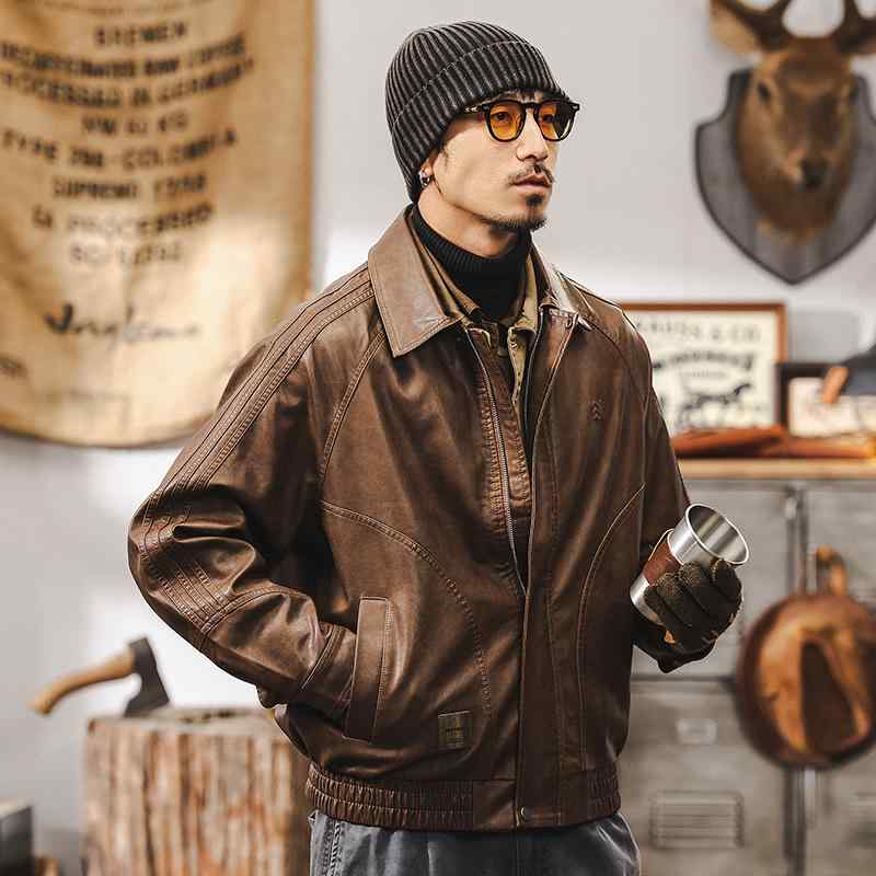 春 コーデ メンズ 用 服 シンプル ファッション オシャレ 大人 かっこいい 大きいサイズ ストリート 紳士服 アメリカン レトロ ソフトレザー ジャケット ライダー スコット ン タフ フライト