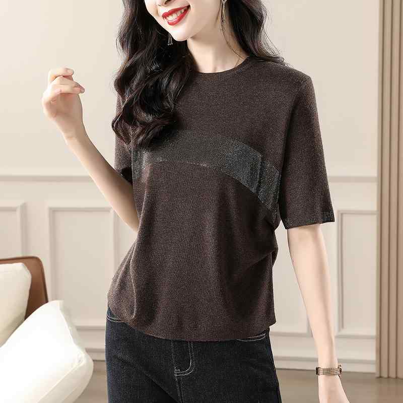 春 コーデ レディース 流行り物 オシャレ カワイイ   分かりやすい 好いたらしいめ 自然的 雅びやか心地よい お上さん服 スウェーター ラウンドのど首 半袖 トップス