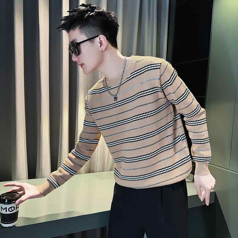 春 コーデ メンズ 用 服 分かりやすい 流行り物 オシャレ 成年者 かっこいい 気が大きい大きさ 表どおり 成人男性服 ラウンドのど首 スウェーター 縞模様 肌付き プルオーバー
