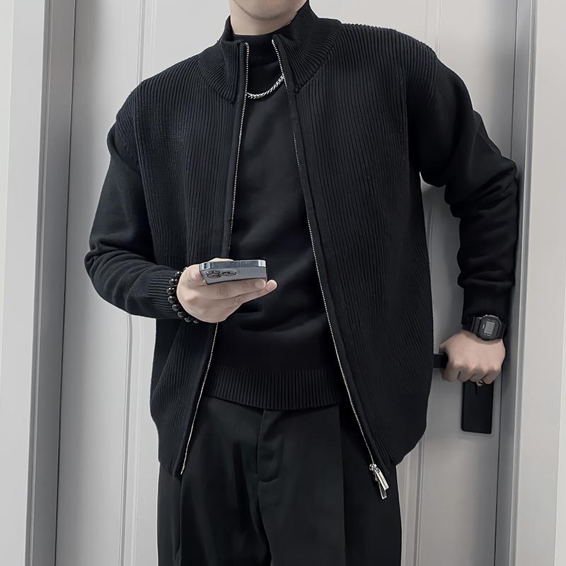 春 コーデ メンズ 用 服 シンプル ファッション オシャレ 大人 かっこいい 大きいサイズ ストリート 紳士服 スタンドカラー カーディガン セーター ジャケット ブラック トップス