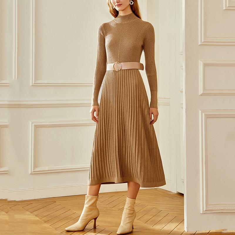 春 コーデ レディース ファッション オシャレ カワイイ シンプル きれいめ ナチュラル 上品カジュアル 婦人服 ホワイト カラー ベルト ミドル丈 ウール ニット ドレス