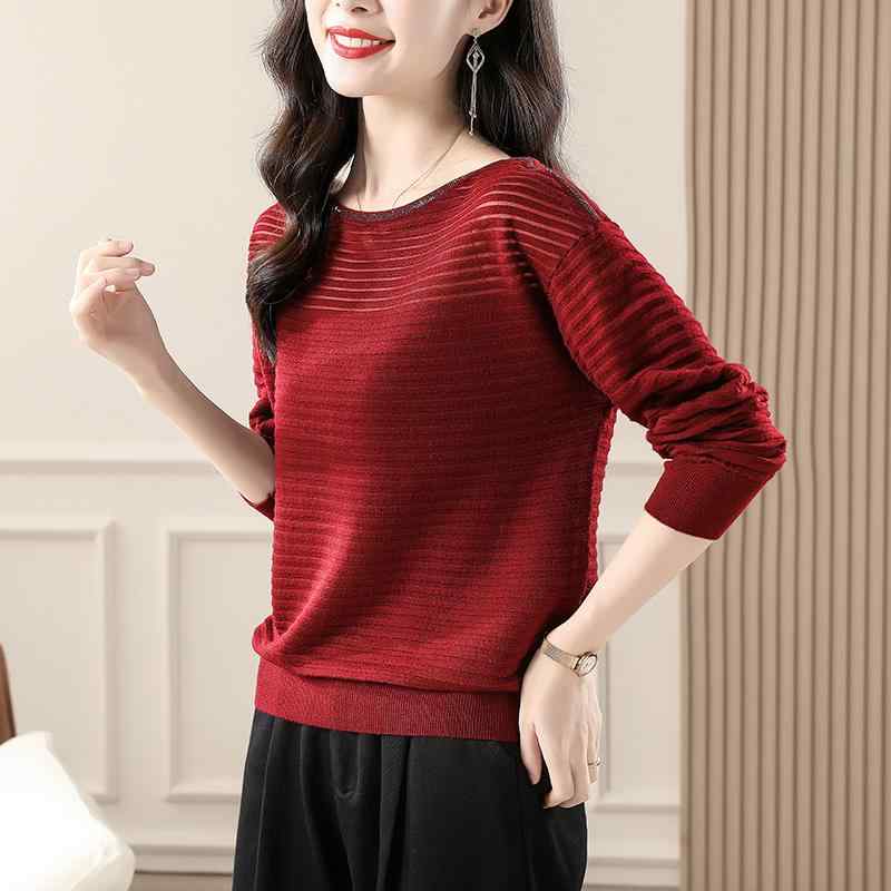 春 コーデ レディース ファッション オシャレ カワイイ シンプル きれいめ ナチュラル 上品カジュアル 婦人服 フレンチ ストライプ セーター スタッズ 長袖 レイヤリング シャツプルオーバー トップス