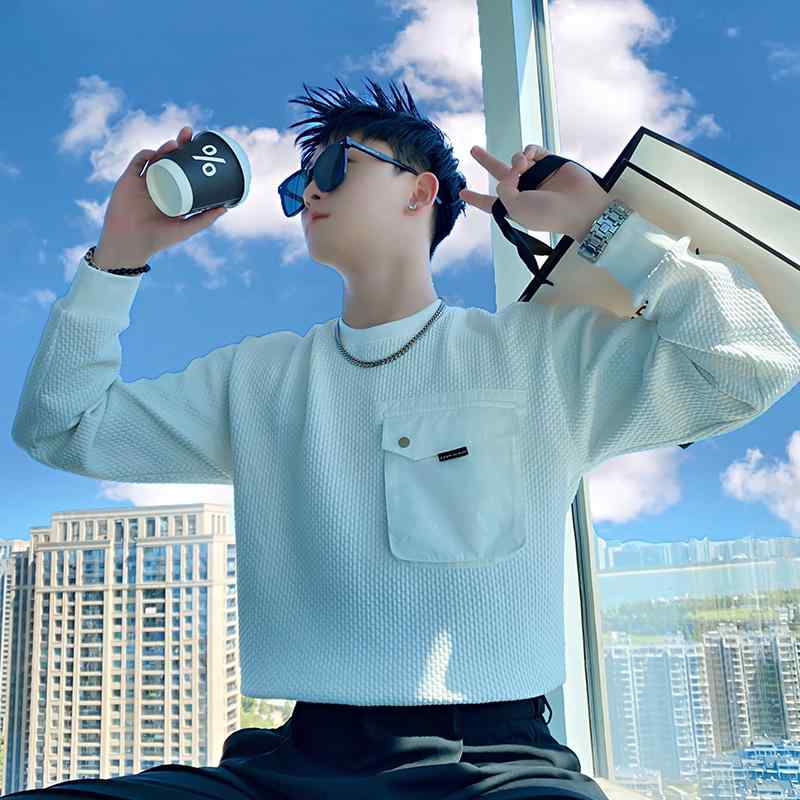 春 コーデ メンズ 用 服 シンプル ファッション オシャレ 大人 かっこいい 大きいサイズ ストリート 紳士服 ビッグポケット スウェット シャツ T シャツ 長袖 ホワイト トップス ジャケット