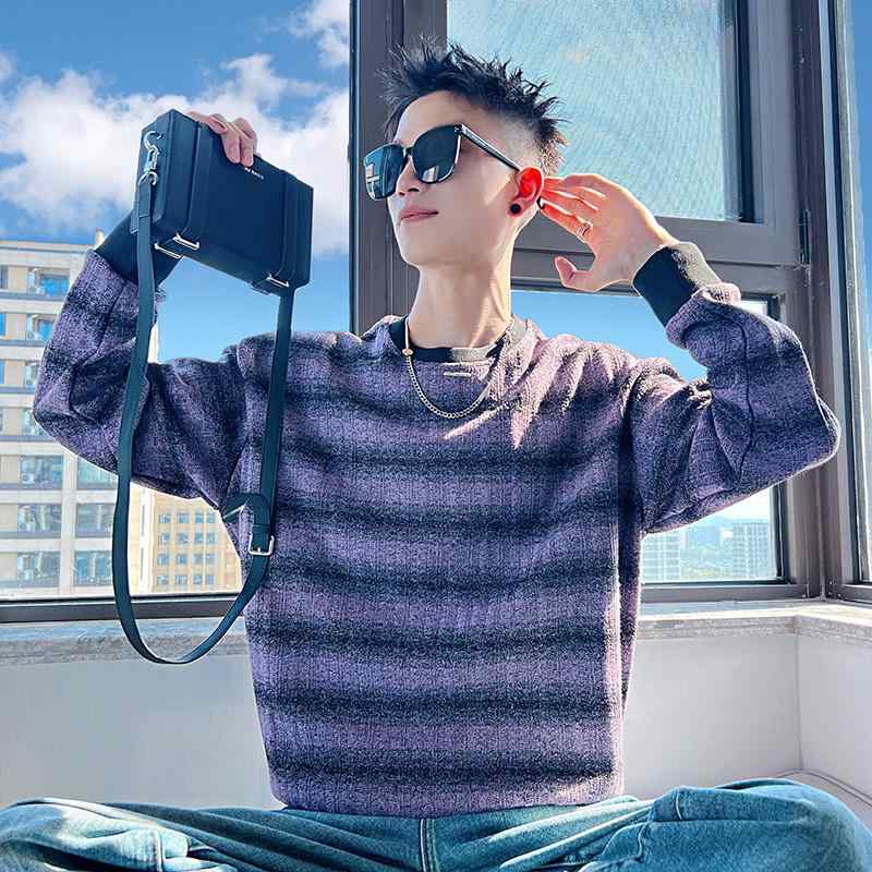 春 コーデ メンズ 用 服 シンプル ファッション オシャレ 大人 かっこいい 大きいサイズ ストリート 紳士服 ストライプ コントラスト スウェット シャツ T シャツ 長袖 トップス ハイエンド コート