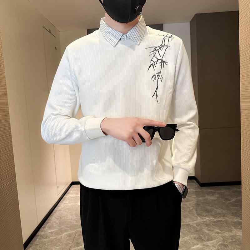 春 コーデ メンズ 用 服 シンプル ファッション オシャレ 大人 かっこいい 大きいサイズ ストリート 紳士服 フェイク ツーピース シャツ セーター ベース レイヤー インナー カジュアル 白