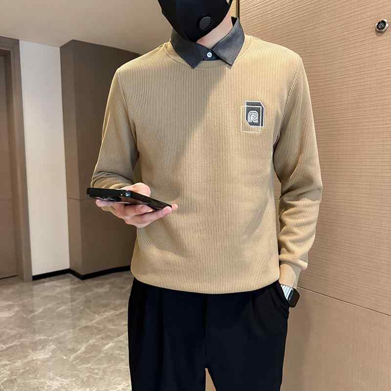 春 コーデ メンズ 用 服 シンプル ファッション オシャレ 大人 かっこいい 大きいサイズ ストリート 紳士服 シャツ カラー セーター インナー フェイク ツーピース レイヤリング シャツ ハイエンド ニット