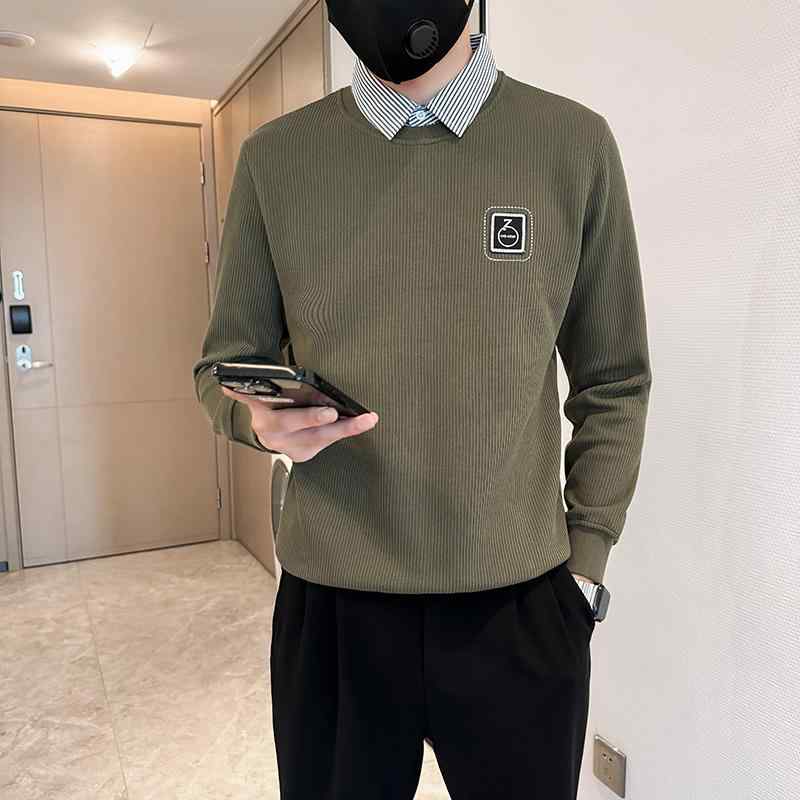 春 コーデ メンズ 用 服 シンプル ファッション オシャレ 大人 かっこいい 大きいサイズ ストリート 紳士服 フェイク ツーピース シャツ カラー セーター インナー レイヤリング カジュアル