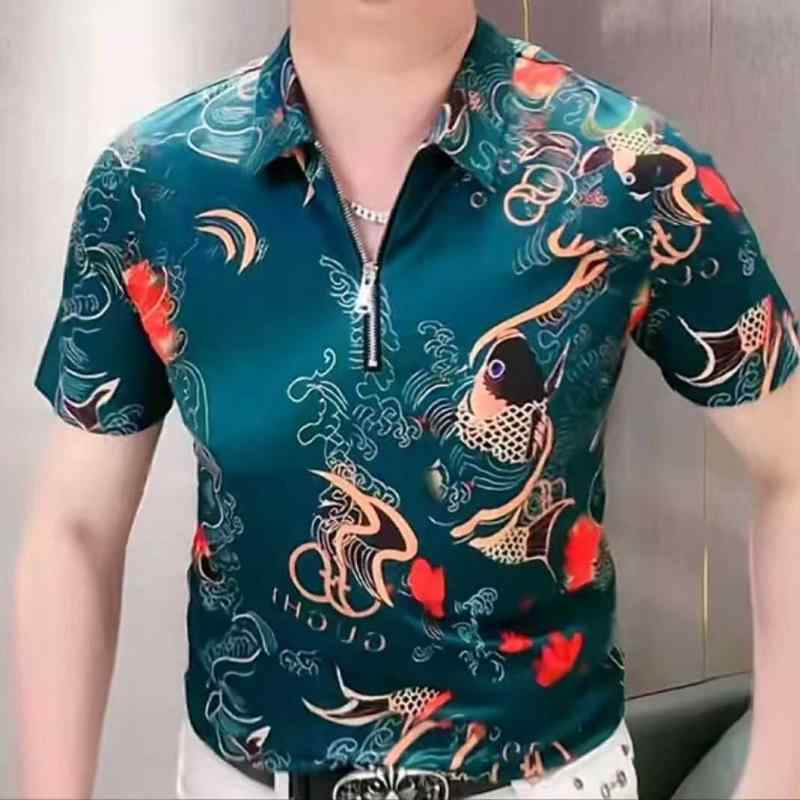 春 コーデ メンズ 用 服 シンプル ファッション オシャレ 大人 かっこいい 大きいサイズ ストリート 紳士服 鯉 プリント 半袖 カジュアル レトロ ハーフ ジップポロ シャツ