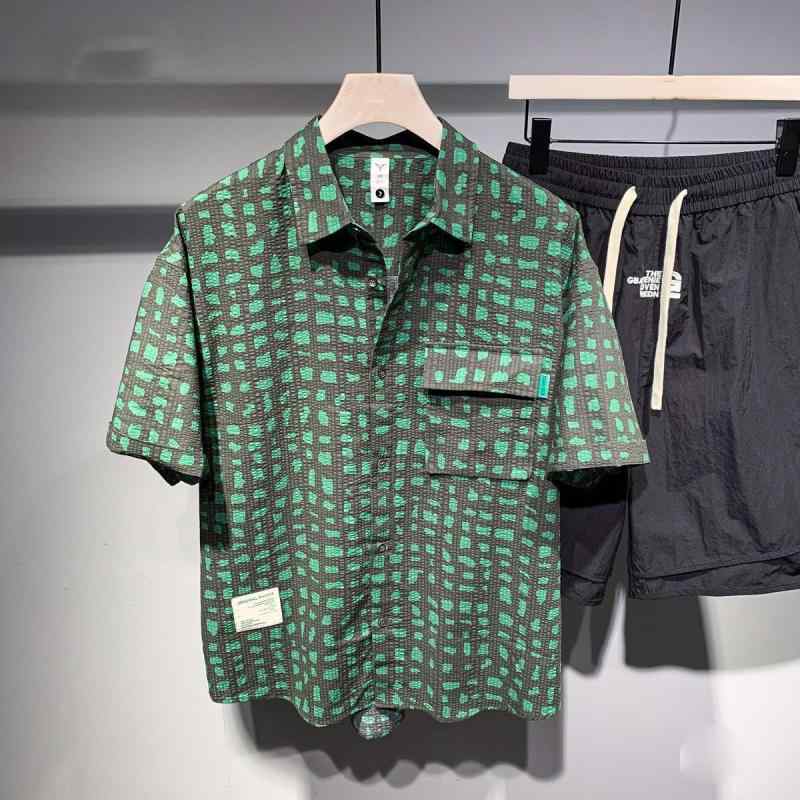 春 コーデ メンズ 用 服 シンプル ファッション オシャレ 大人 かっこいい 大きいサイズ ストリート 紳士服 チェック柄 プリント 半袖 シャツ ハイエンド ジャケット T