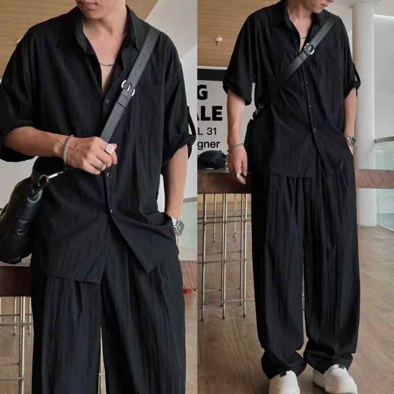 春 コーデ メンズ 用 服 シンプル ファッション オシャレ 大人 かっこいい 大きいサイズ ストリート 紳士服 薄手 シャツ 五分袖 カジュアル スーツ 無地 韓国スタイル ゆったり