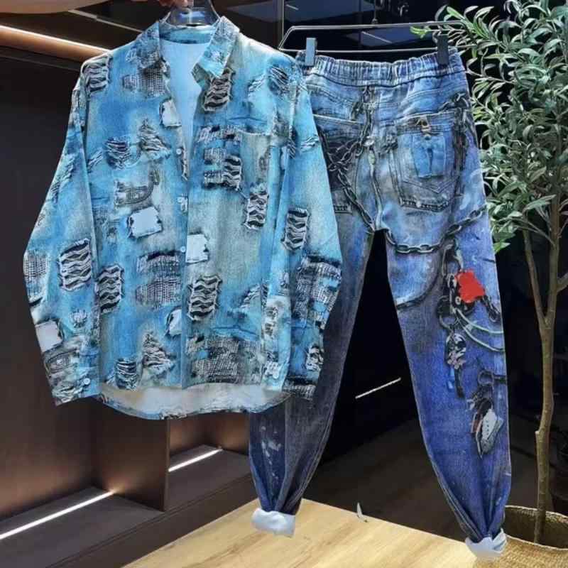 春 コーデ メンズ 用 服 シンプル ファッション オシャレ 大人 かっこいい 大きいサイズ ストリート 紳士服 レトロ デニム シャツ スーツ アメリカン ストリート プリント カジュアル ツーピース