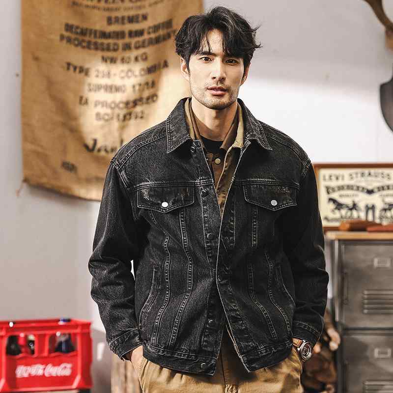 春 コーデ メンズ 用 服 シンプル ファッション オシャレ 大人 かっこいい 大きいサイズ ストリート 紳士服 アメリカン クラシック レトロ デストラクション ブラックデニム ジャケット ダメージ加工 ワーク ジャケット
