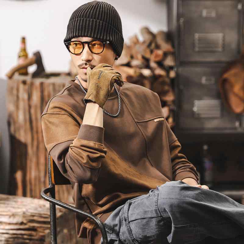 春 コーデ メンズ 用 服 シンプル ファッション オシャレ 大人 かっこいい 大きいサイズ ストリート 紳士服 アメリカン レトロ 450 ヘビー ラウンドネック スウェット シャツ スエード ハイエンド インナーウェア