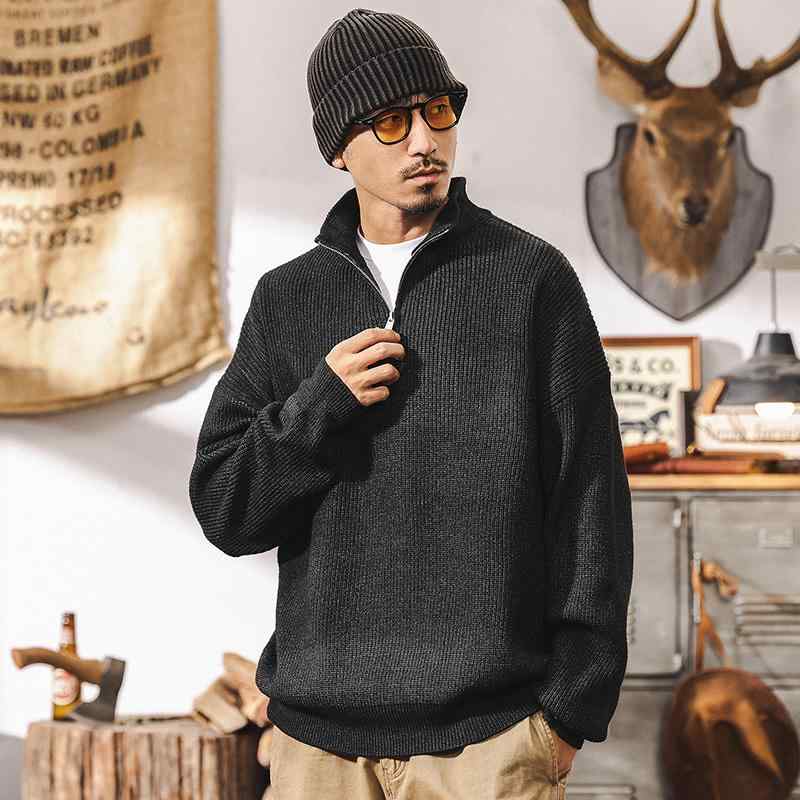 春 コーデ メンズ 用 服 シンプル ファッション オシャレ 大人 かっこいい 大きいサイズ ストリート 紳士服 アメリカン レトロ ヘビー セーター ハーフ ハイネック ジッパー ニット ジャケット