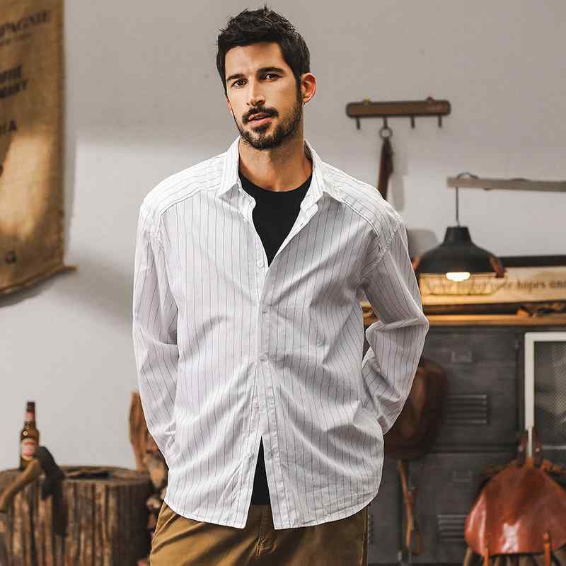 春 コーデ メンズ 用 服 シンプル ファッション オシャレ 大人 かっこいい 大きいサイズ ストリート 紳士服 アメリカン レトロ カー ボン ストライプ シャツ 長袖 仕事 ビジネス シャツ