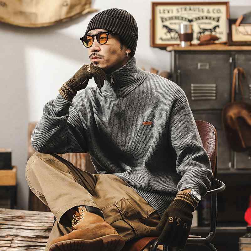 春 コーデ メンズ 用 服 シンプル ファッション オシャレ 大人 かっこいい 大きいサイズ ストリート 紳士服 アメリカン レトロ 厚手 ニット セーター ハーフ ジッパー タートルネックセーター ジャケット