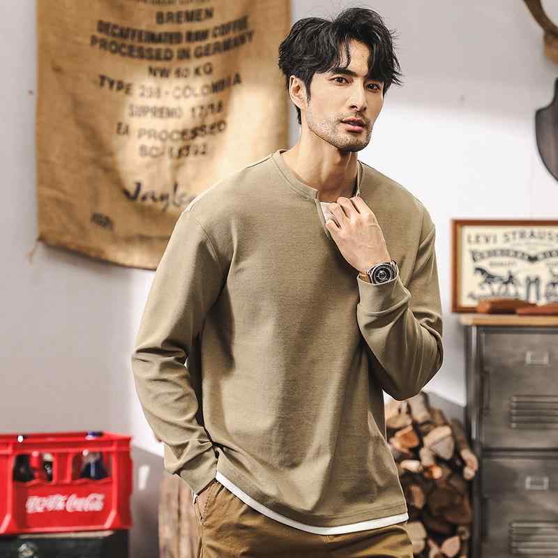 春 コーデ メンズ 用 服 シンプル ファッション オシャレ 大人 かっこいい 大きいサイズ ストリート 紳士服 アメリカン レトロ 厚手 フェイク ツーピース 長袖 T シャツ シンプル 二層 Vネック ヘンリー カジュアル
